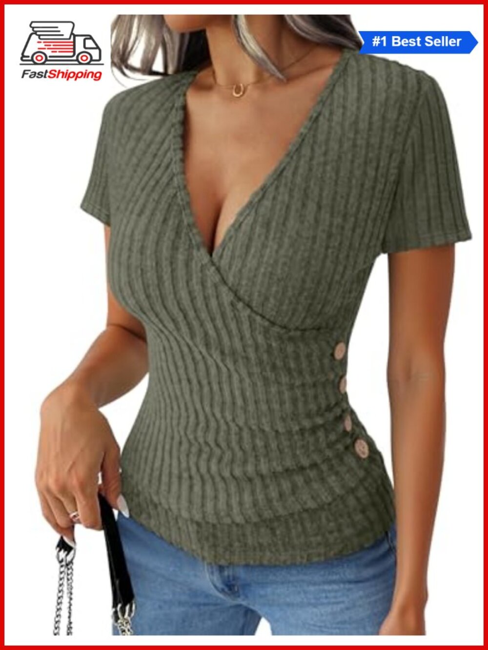 Ribbed Knit V Neck Short Sleeve Slim Fit Top